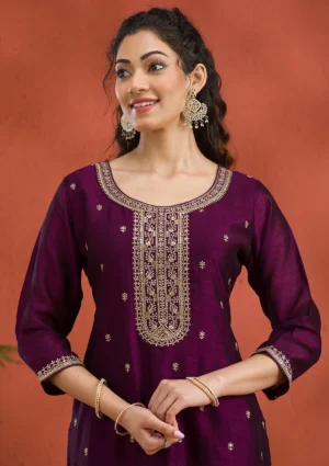 purple threadwork raw silk readymade salwar suit