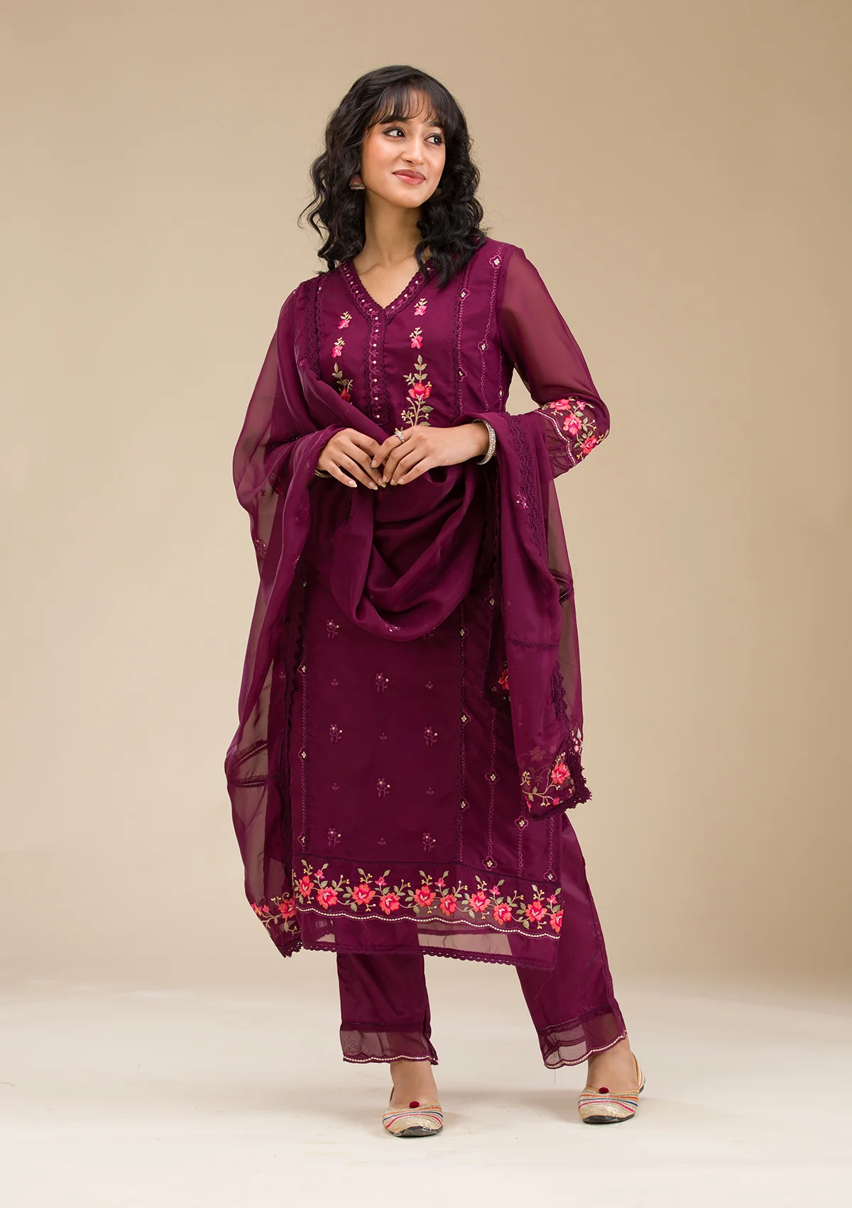 rani pink threadwork crepe readymade salwar suit
