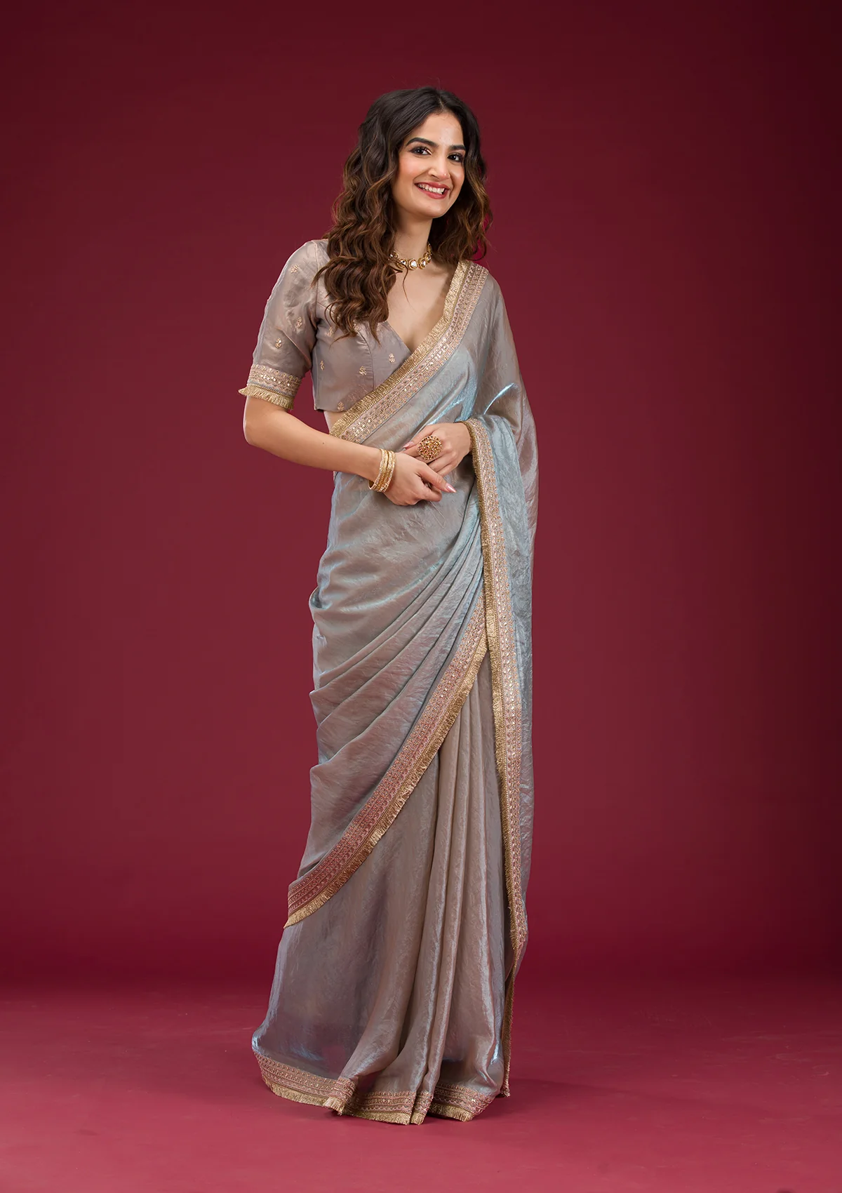 onion pink threadwork tissue saree