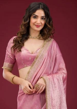 onion pink threadwork tissue saree