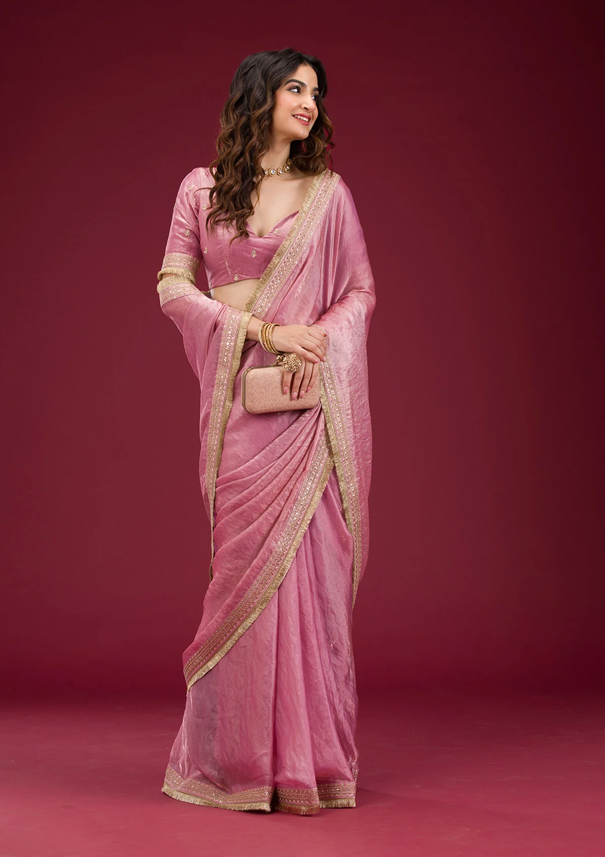 onion pink threadwork tissue saree